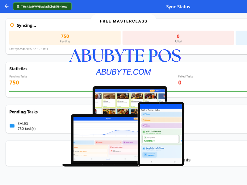 AbuByte POS on laptop and tablet showing sync status, pending tasks, and sales reports