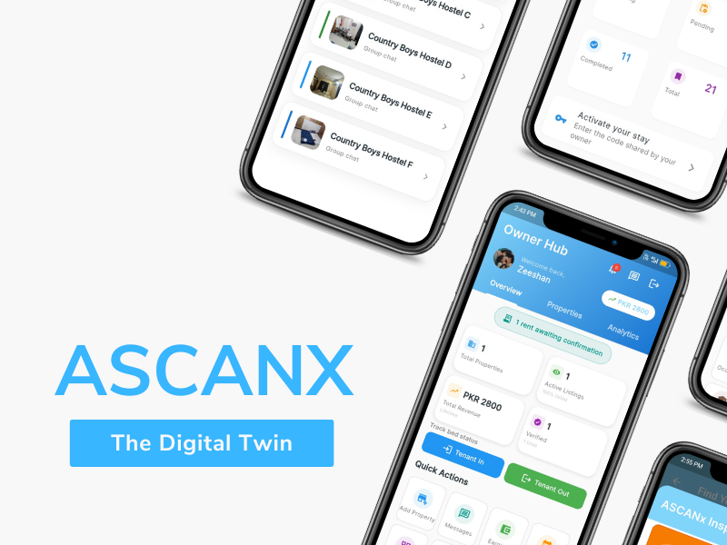 ASCANX mobile app screens: hostel group chats, owner hub dashboard, and inspection flow